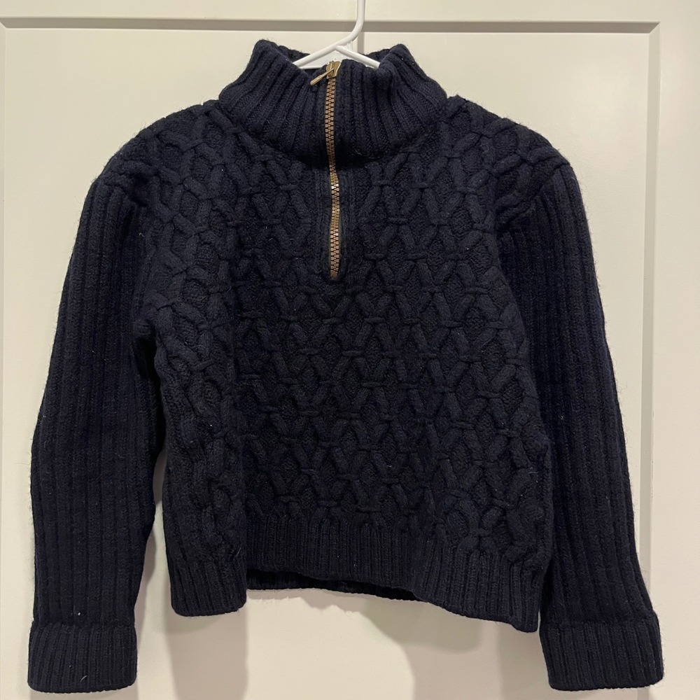 Peregrine Navy Blue Cable Knit Cropped Quarter Zip Wool Sweater Size M